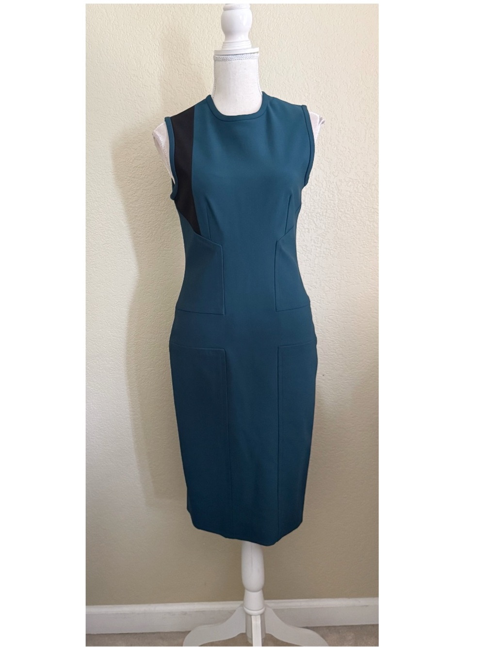 Yigal Azrouel Teal Midi Sheath Dress with Black Side Panel